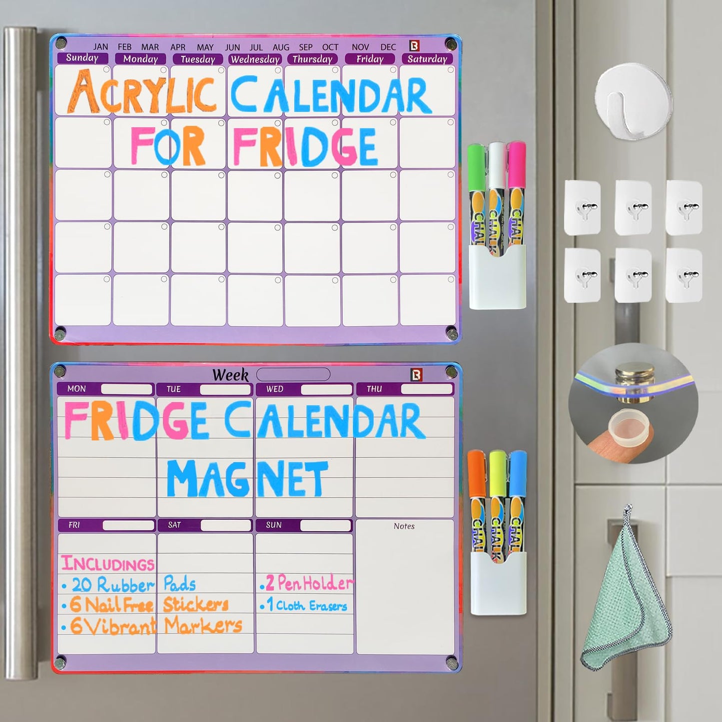 Purple Acrylic Fridge Calendar - Magnetic Calendar for Refrigerator 2 PCS | Calendars for Fridge with Removable Template - Magnetic to Do List for Refrigerator