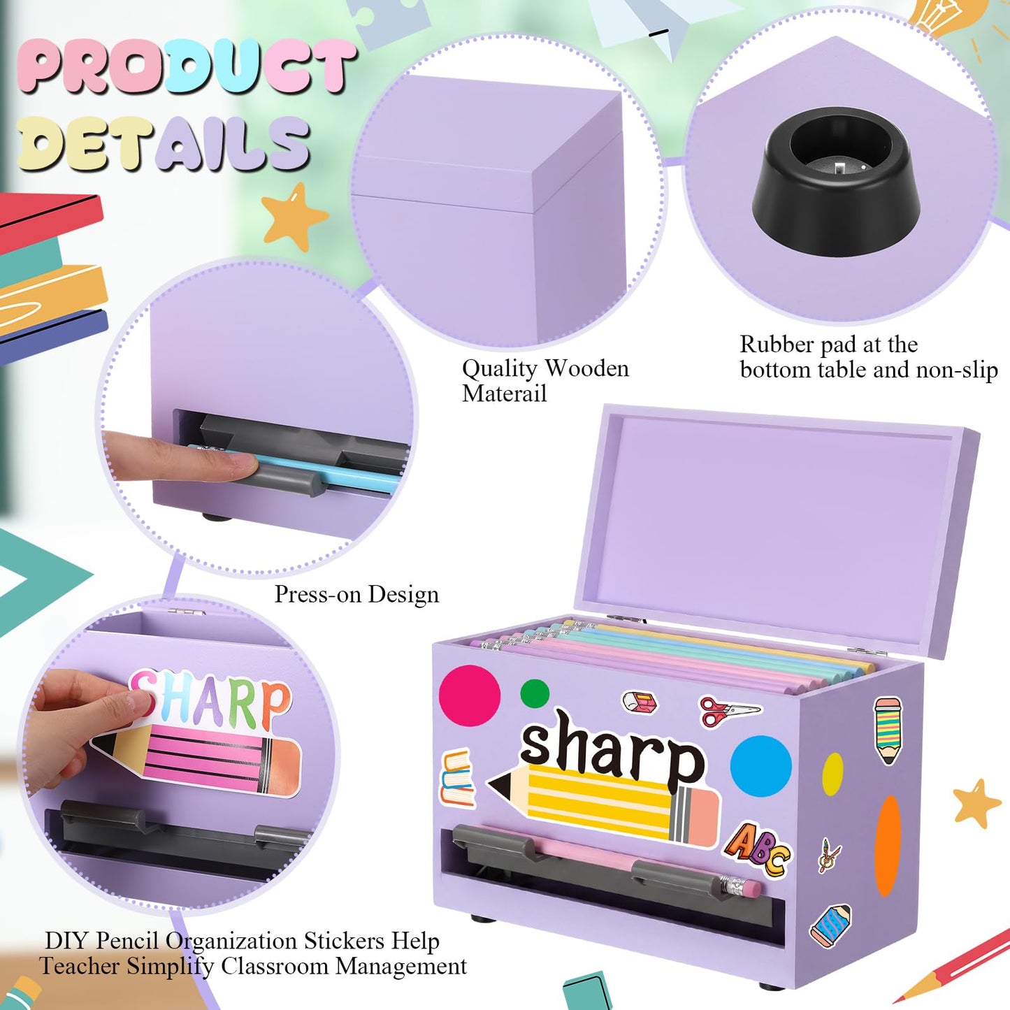 Watersay 108 Pcs Pencil Dispenser Kit for Classroom Wooden Sharp and Dull Pencil Holder 50 Pencils 50 Sharpener 6 Sticker Classroom Teacher Must Have Straw Dispenser for Back to School(Purple)