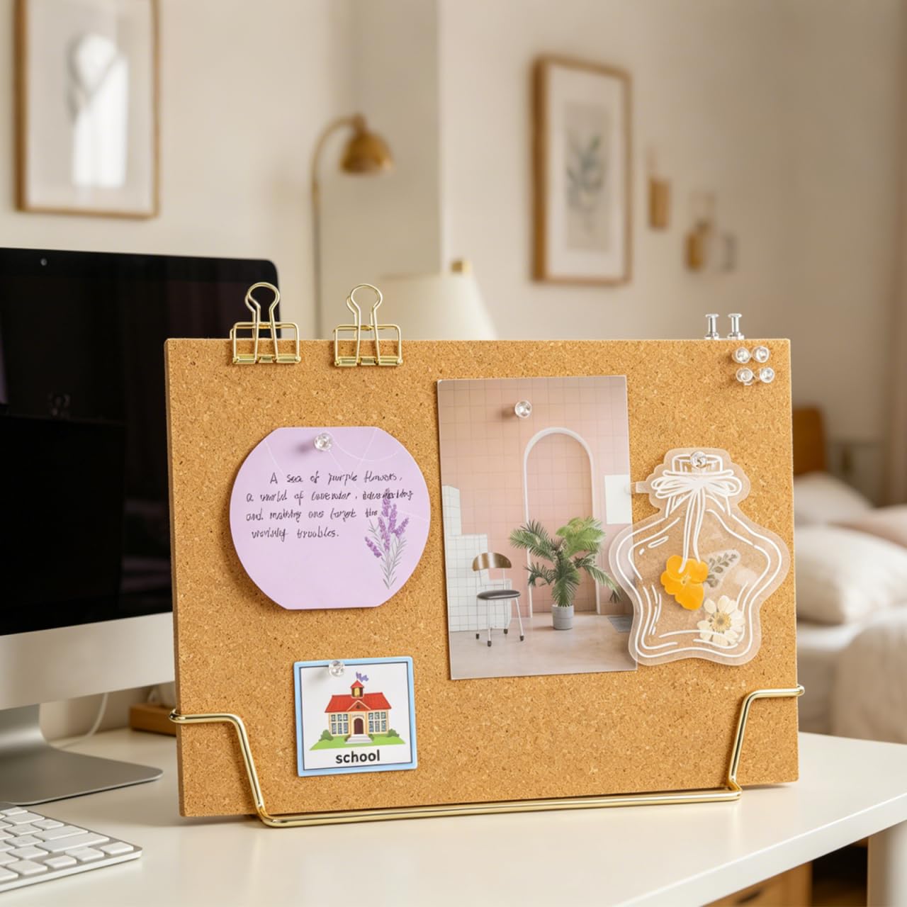 TOYANDONA Cork Board Bulletin Board with Metal Stand, Wooden Pin Notice Message Pin Board Desktop Memo Board for Home Office (Golden Base)