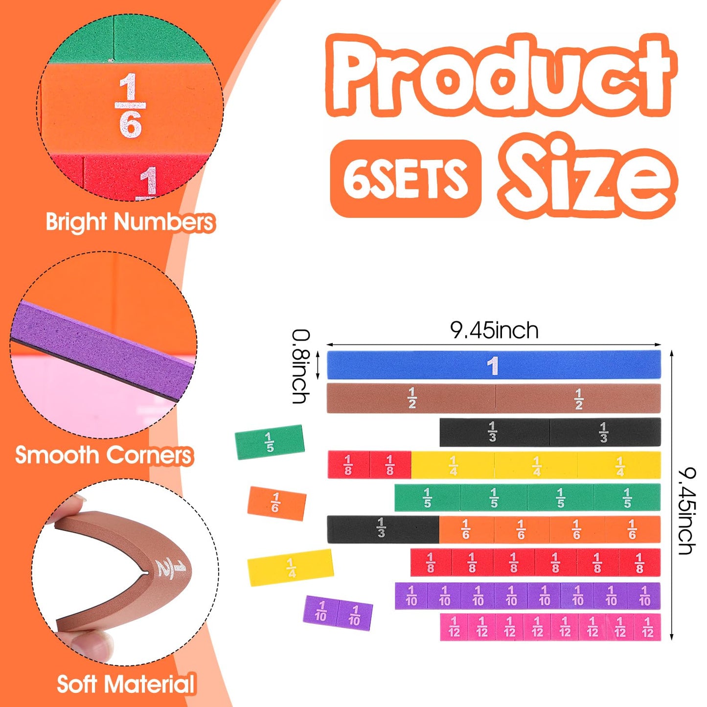 6 Sets Magnetic Fraction Tiles & Fraction Manipulatives for Math Learning - 9.45x9.45x0.12 Inch EVA Foam Algebra Tiles & Fraction Tiles Set with Rainbow Colors, 54 Pieces per Set for Classroom & Home