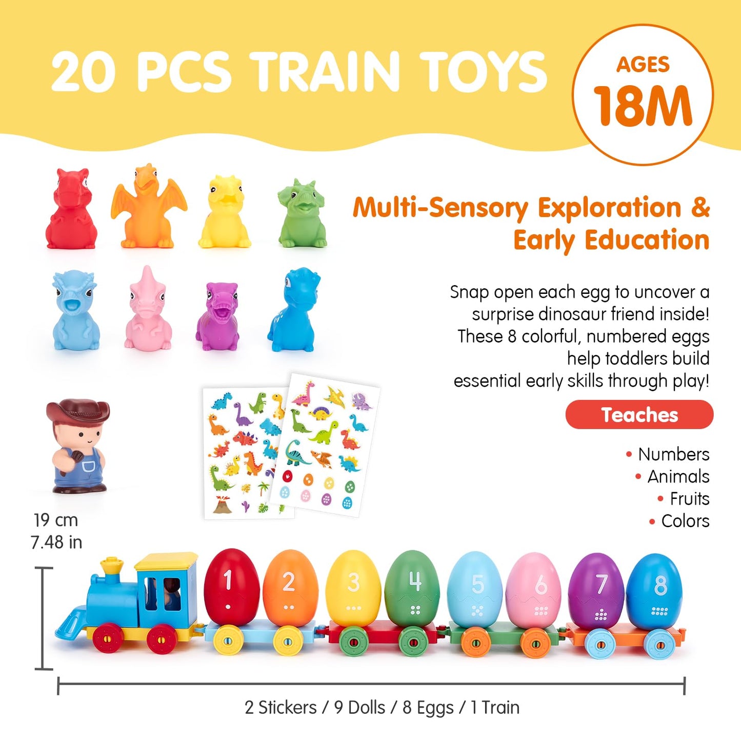 hahaland Toddler Learning Toys for 2 3 Year Old – Montessori Counting Matching Train Set with 8 Dinosaurs & Sorting Easter Eggs, Dino Stickers Toddler Toys for Kids 1-3 Years Easter Basket Stuffers