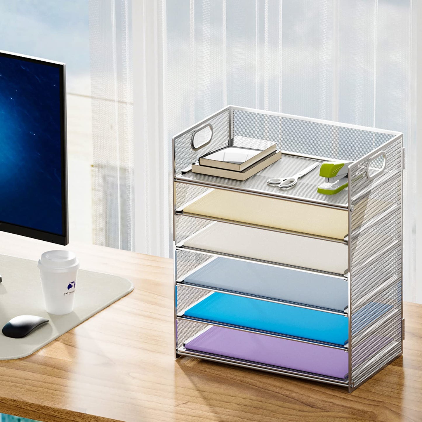 Marbrasse 2 Pack Desk Organizer with Handle, 6 Tier Paper Letter Tray, Mesh Desk File Organizer for Office, School and Home - Silver