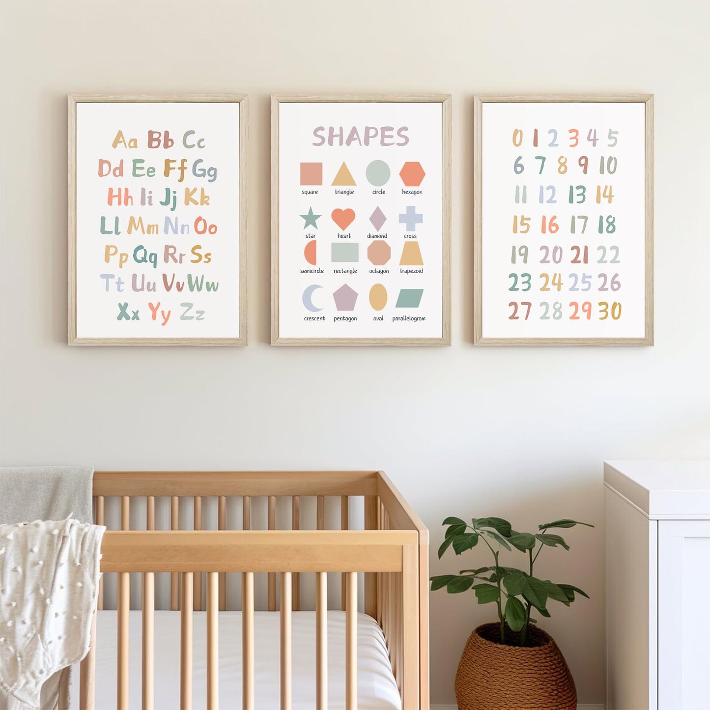 Kids Playroom Wall Art Decor Nursery ABC Alphabet Poster Play Room Canvas Wall Decor Toddler Childrens Educational Artwork Numbers Shapes Prints ABC Picture for Playroom 12x16 Inch Framed Set of 3