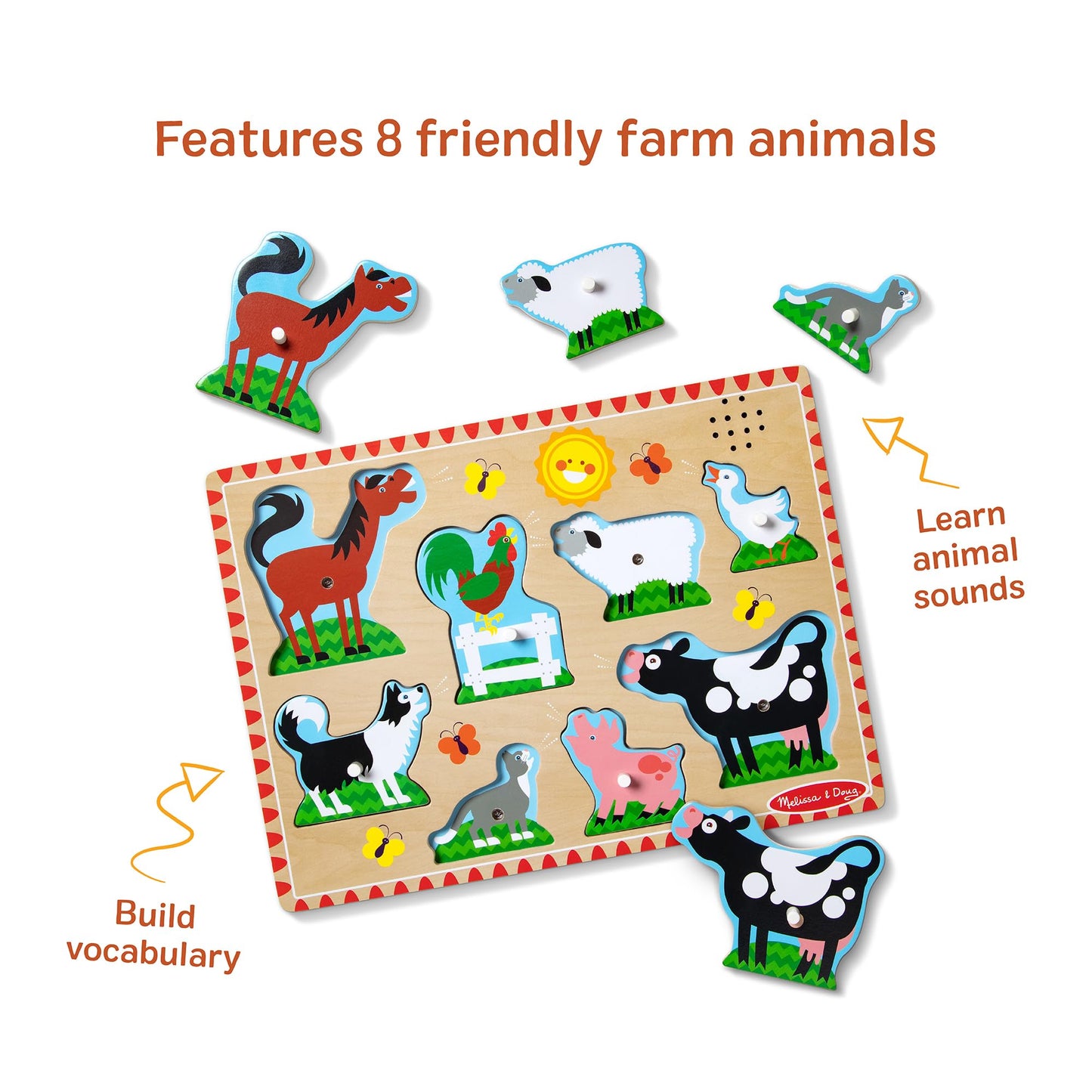 Melissa & Doug Farm Animals Sound Puzzle – 8-Piece Wooden Peg Puzzle with Light-Activated Sounds, Music Learning Toy for Toddlers and Preschoolers Ages 2+