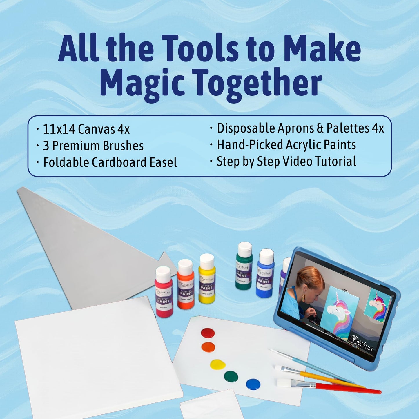 Painting to Gogh – Magic Sparkle Bundle – 4-in-1 Kids Painting Kit – 4 Canvases, Set of 3 Brushes, Acrylic Paint, Easels, Palettes, Aprons & Step-by-Step Tutorials – Fun Art Set for Kids –Ages 6 to 12