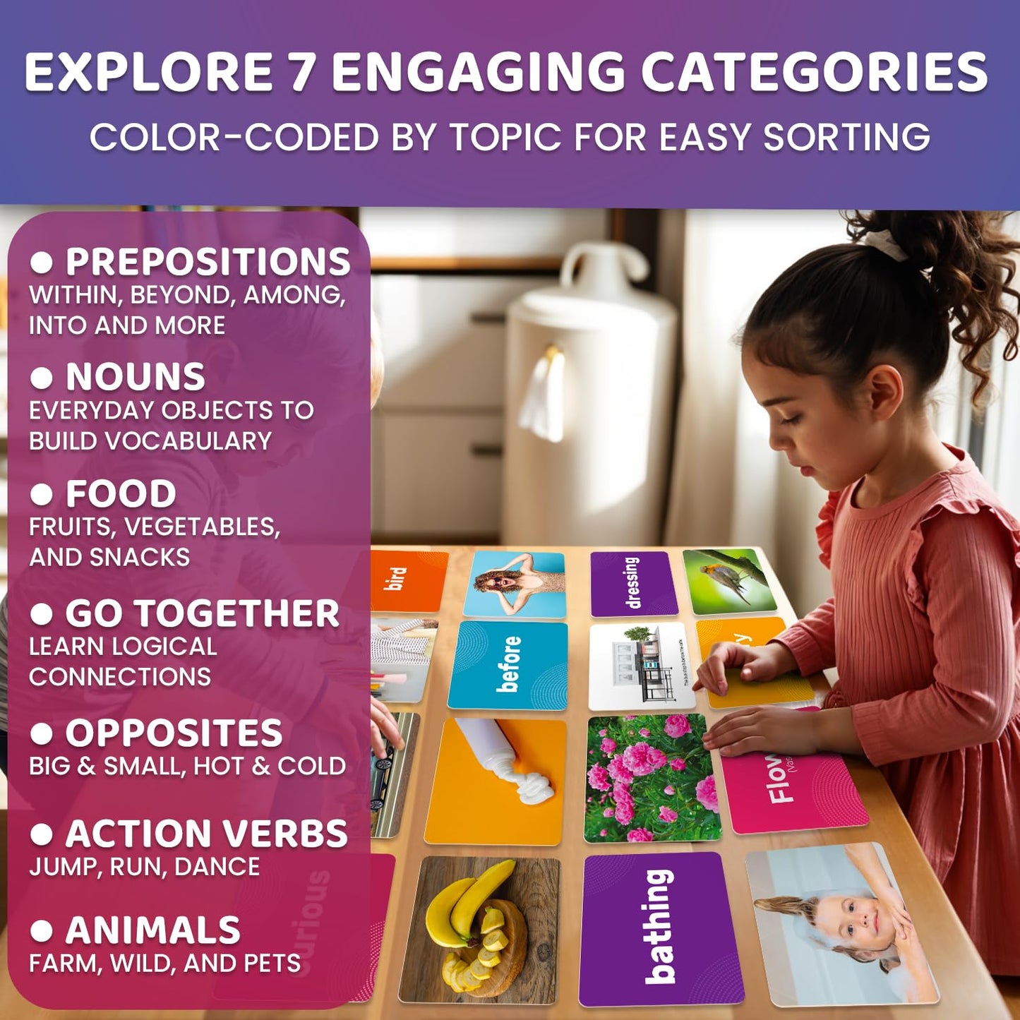 QUOKKA 364 Flash Cards for Kids and Adults - Real-Life Large Preschool Flash Cards for Speech Therapy, ABA Therapy, ESL Teaching, Pre-K to 3rd Grade, 7 Vocabulary Building Categories with Prepositions