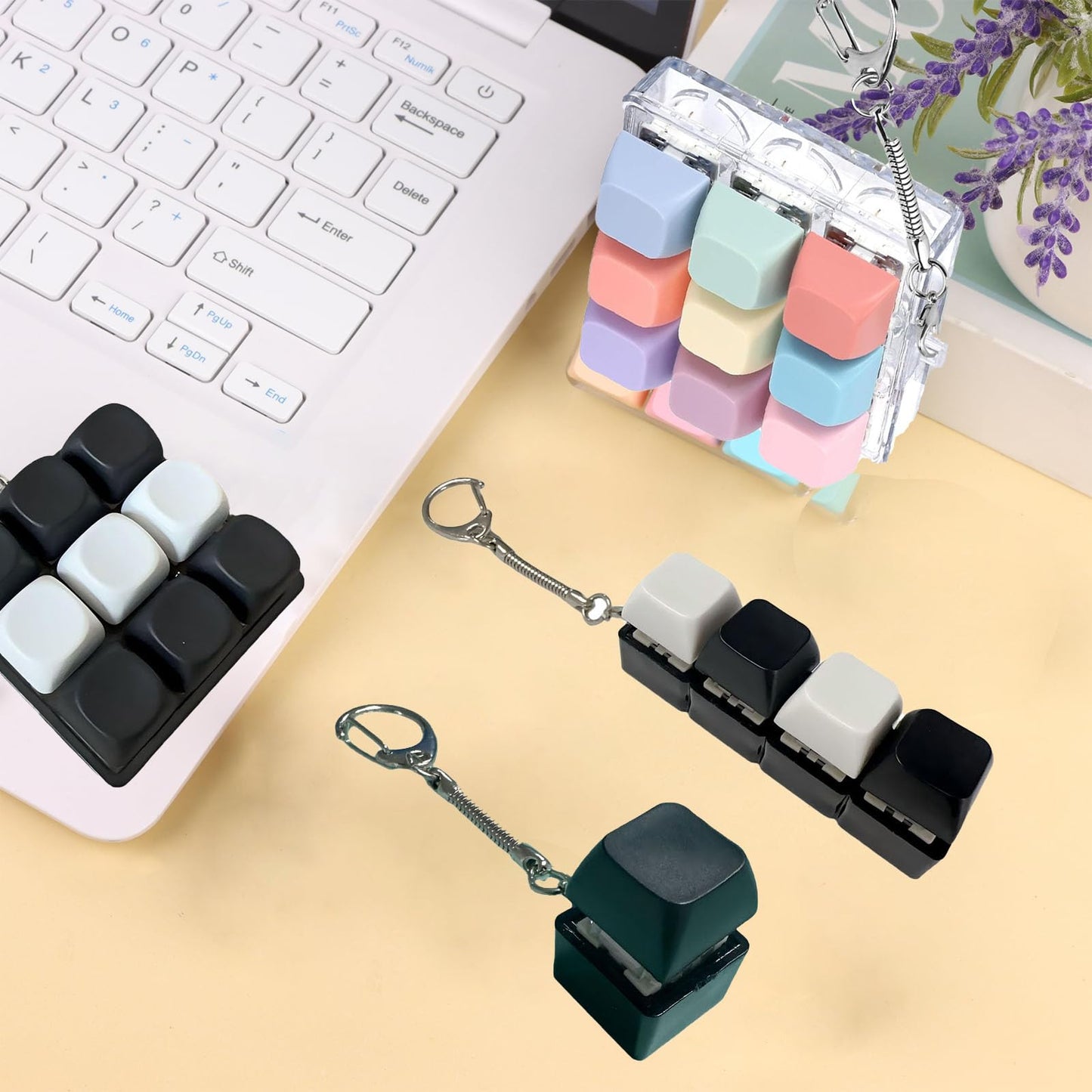 3 Pcs Keyboard Fidget Clicker Stress Relief Toys Keychain– Button Press Fidget Set for Stress Relief & Relaxation (9 Keys + 4keys + 1key Black and White Grid)