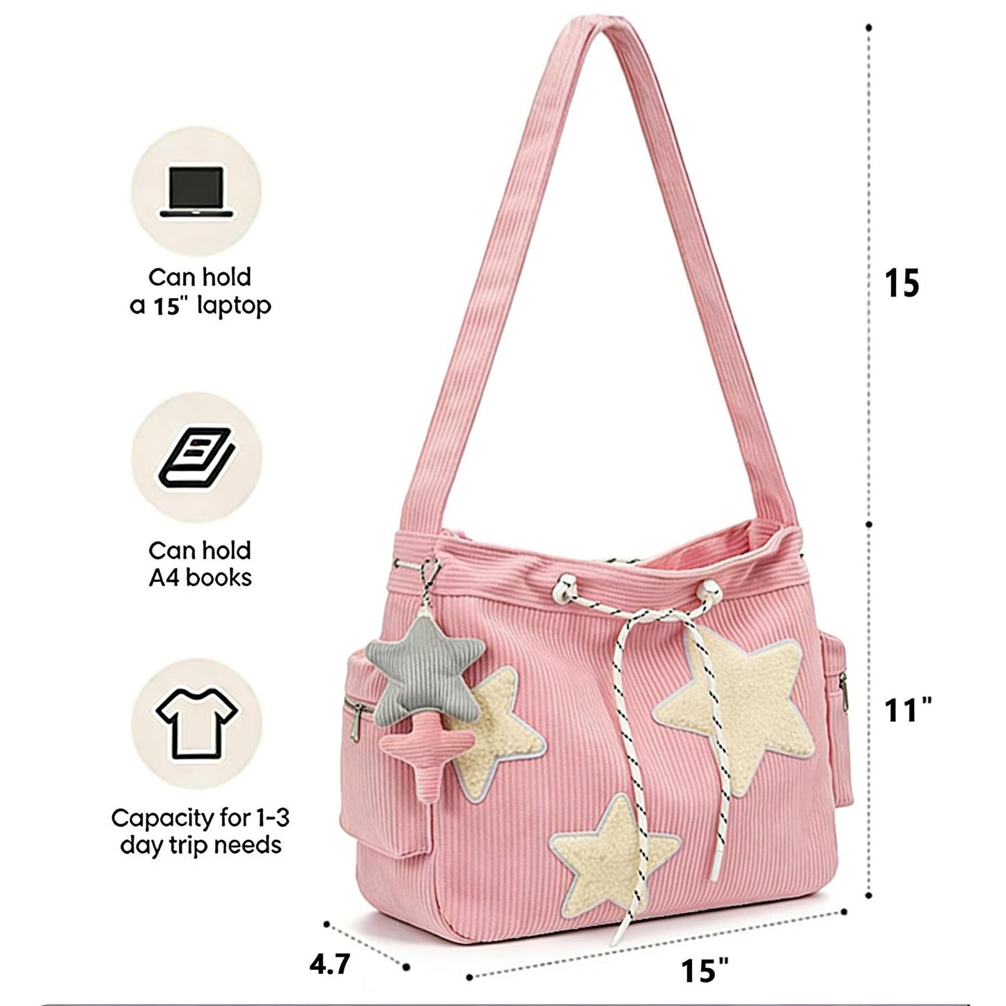 AFGWK Corduroy Star Tote Bag for Women Teens Y2K Aesthetic Hobo Crossbody Shoulder Messenger Bag for School(Pink)