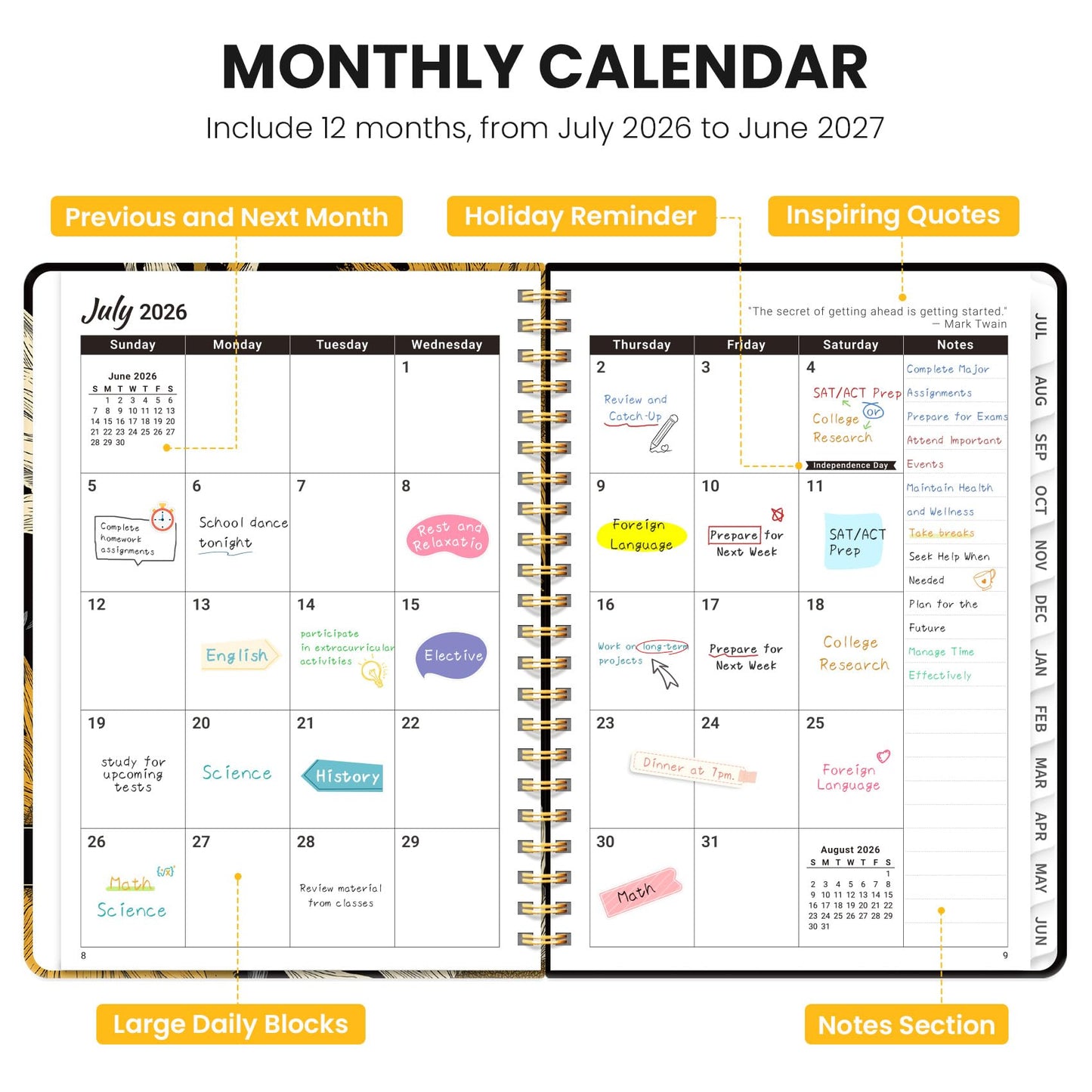 Academic Planner 2026-2027, Monthly and Weekly Calendar Planner, July 2026 - June 2027, Pretty Hardcover Teacher Student Planning Agenda Book with Tabs, Fit for School Office Supplies, 6.3" x 8.5", Nocturne Sunflowers