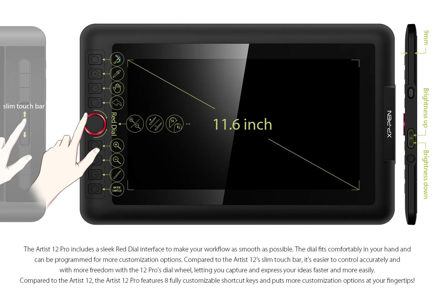 XPPen Artist12 Pro 11.6" Drawing Tablet with Screen Pen Display Full-Laminated Graphics Tablet with Tilt Function Battery-Free Stylus and 8 Shortcut Keys(8192 Levels Pen Pressure and 72% NTSC)