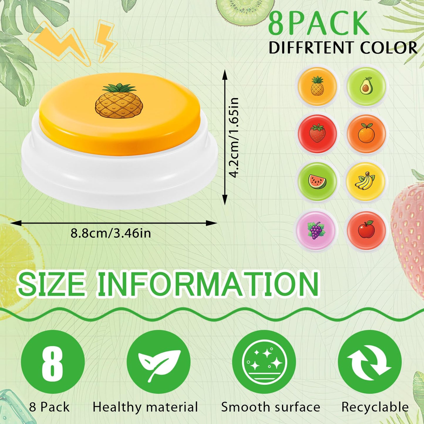 Syhood 8 Pcs Fruit Pronunciation Sounds Buzzer for Trivia Games, Answer Buzzers for Classroom, Feud Jeopardy Buzzer Button with Lights and Sounds for Classroom Party Teacher Game Show
