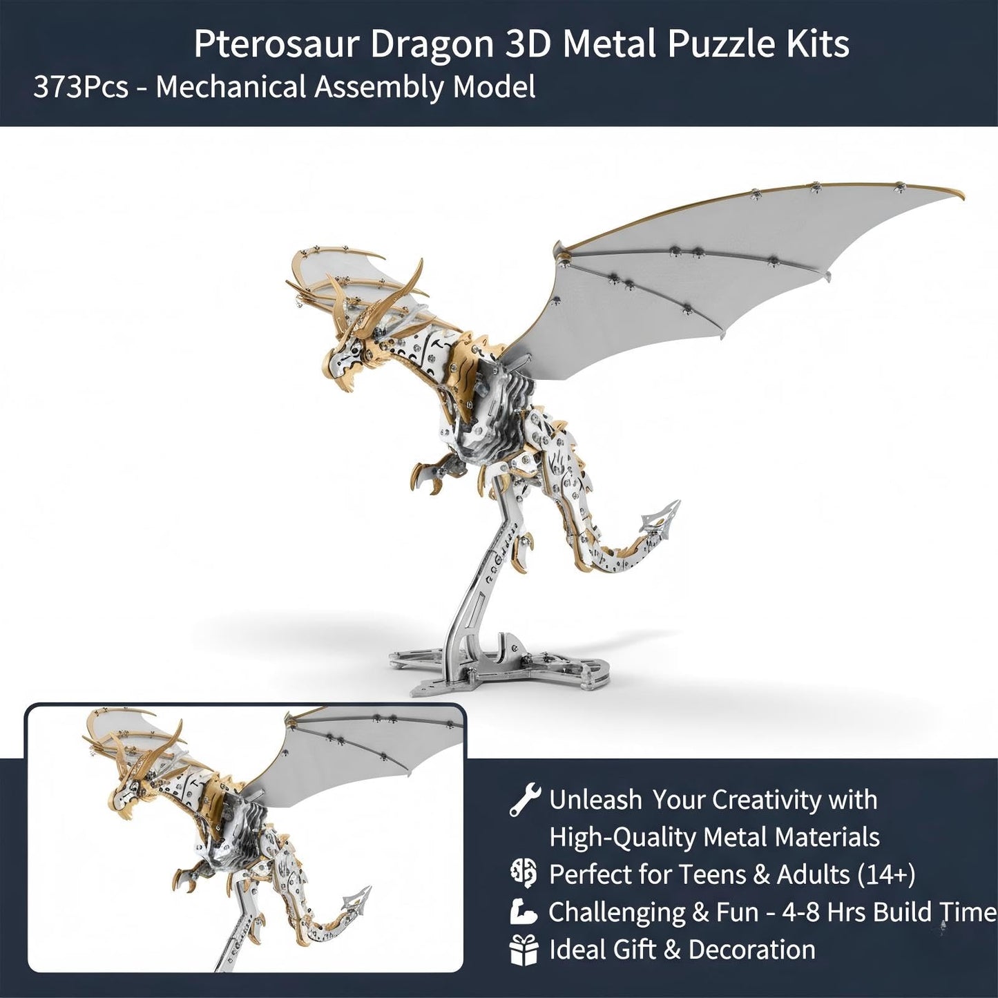 Dragon 3D Metal Puzzles for Adults, 373PCS Stainless Steel DIY Mechanical Metal Model Kits,No Glue Assembly with Movable Joints,Challenging Desk Decor Gift(Golden Silver Dragon)
