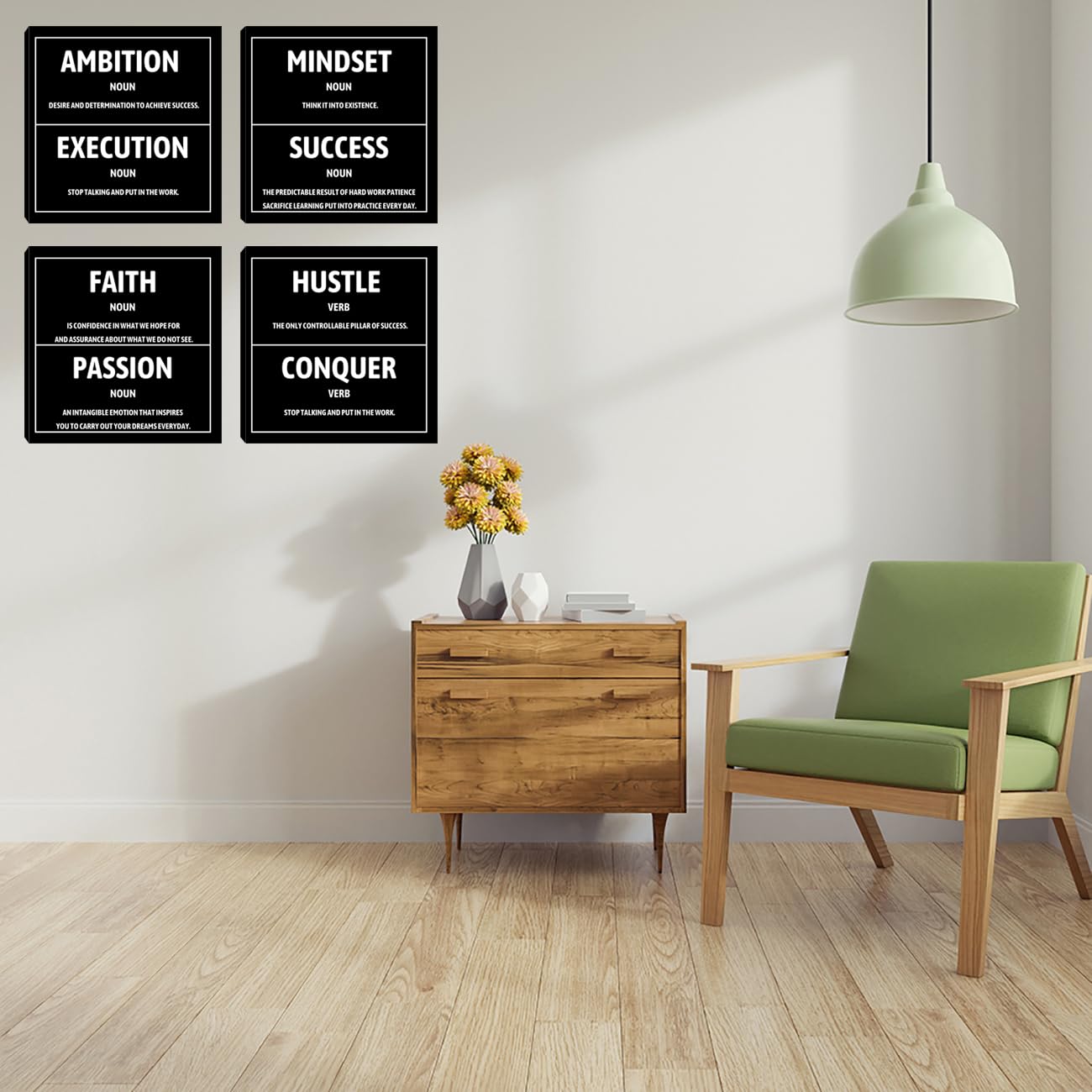 Motivational Office Wall Decor Inspirational Success Canvas Wall Art Hustle Mindset 3 Pieces Posters Prints Wall Picture Artwork Home Living Room Bedroom Framed Ready to Hang - 12"x12"x4PCS