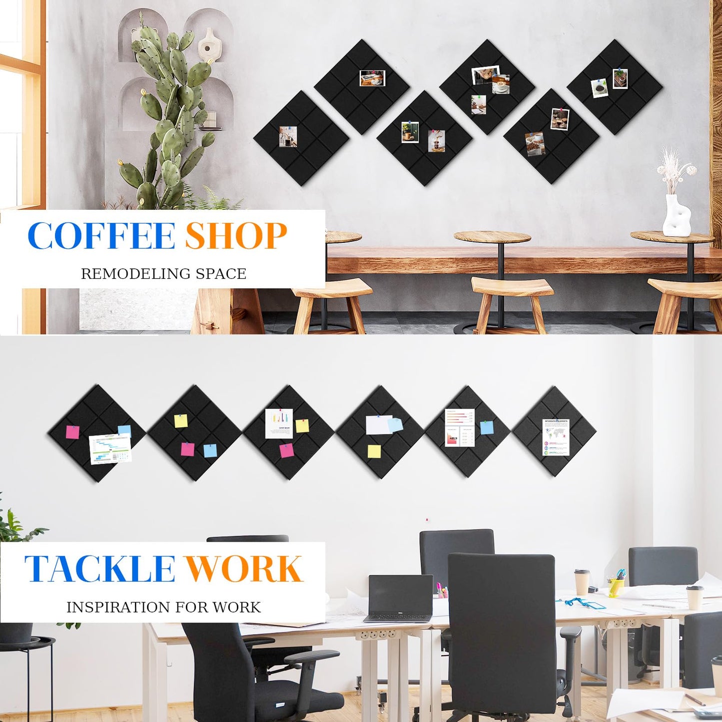 DOLLAR BOSS Felt Cork Board Tiles, 6 Packs 12" x 12" 1/2" Thick Bulletin Board Adhesive Acoustic Panels Soundproof Corkboards for Walls with 60 Pushpins for Home Office Kitchen School, Grid