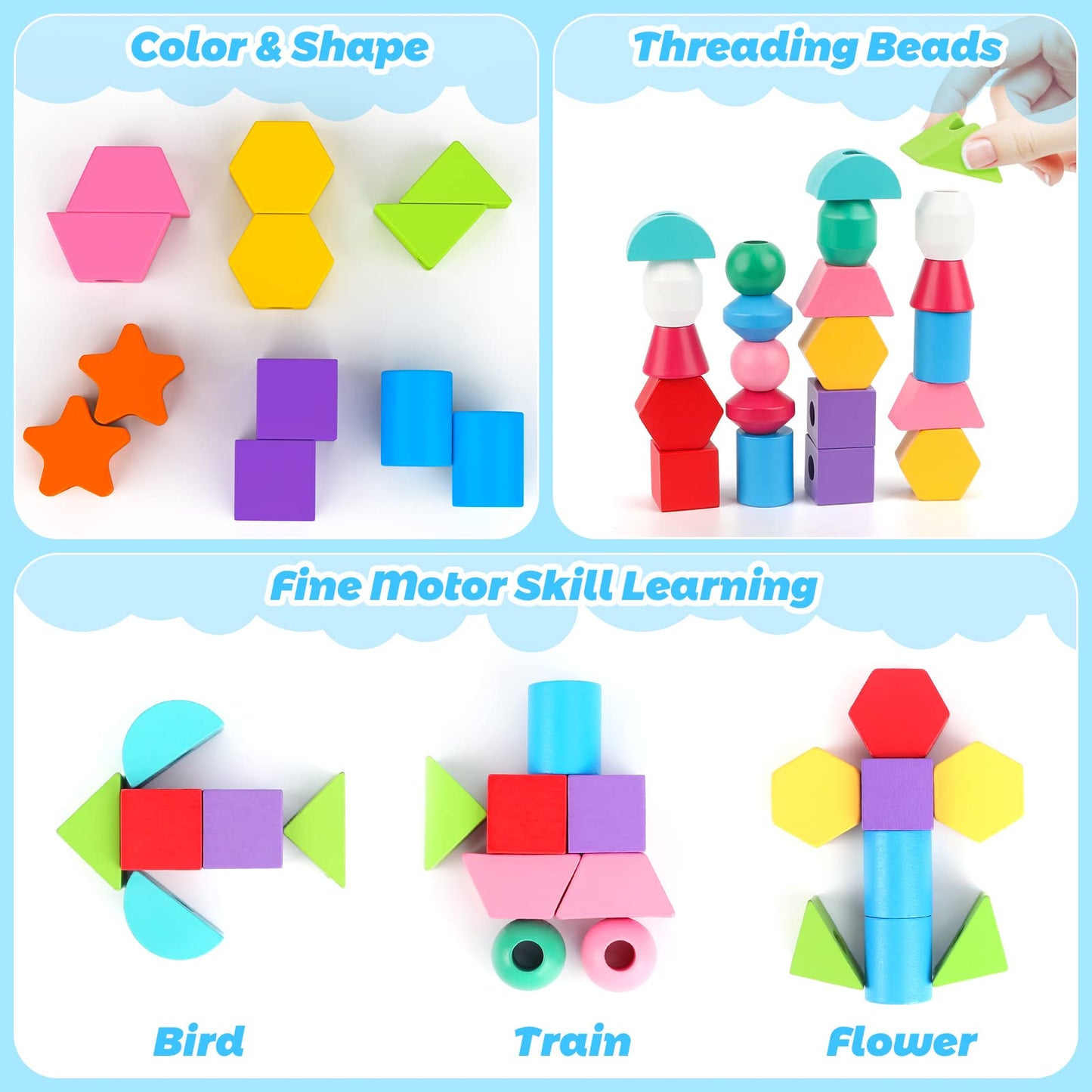 Montessori Wooden Beads Sequencing Toy Set, Stacking Blocks & Lacing Beads & Matching Shape Stacker, Montessori Toys for 3 4 5 Year Old STEM Preschool Learning Toys Gifts for Kids Boy Girl Toddler