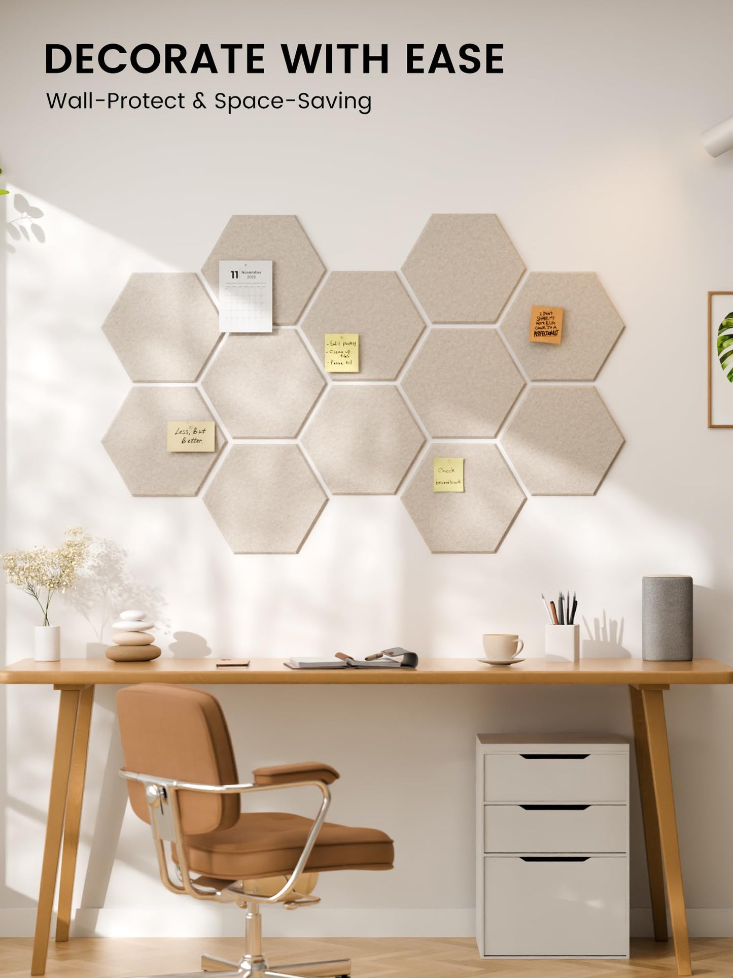 Fluxynara Hexagon Cork Board Alternative for Walls Decor-12-Pack Felt Bulletin Board Tiles,with 30 Pushpins,70 Adhesive Tabs for Office,Classrooms & Home Pin Board Felt Board-Oatmeal