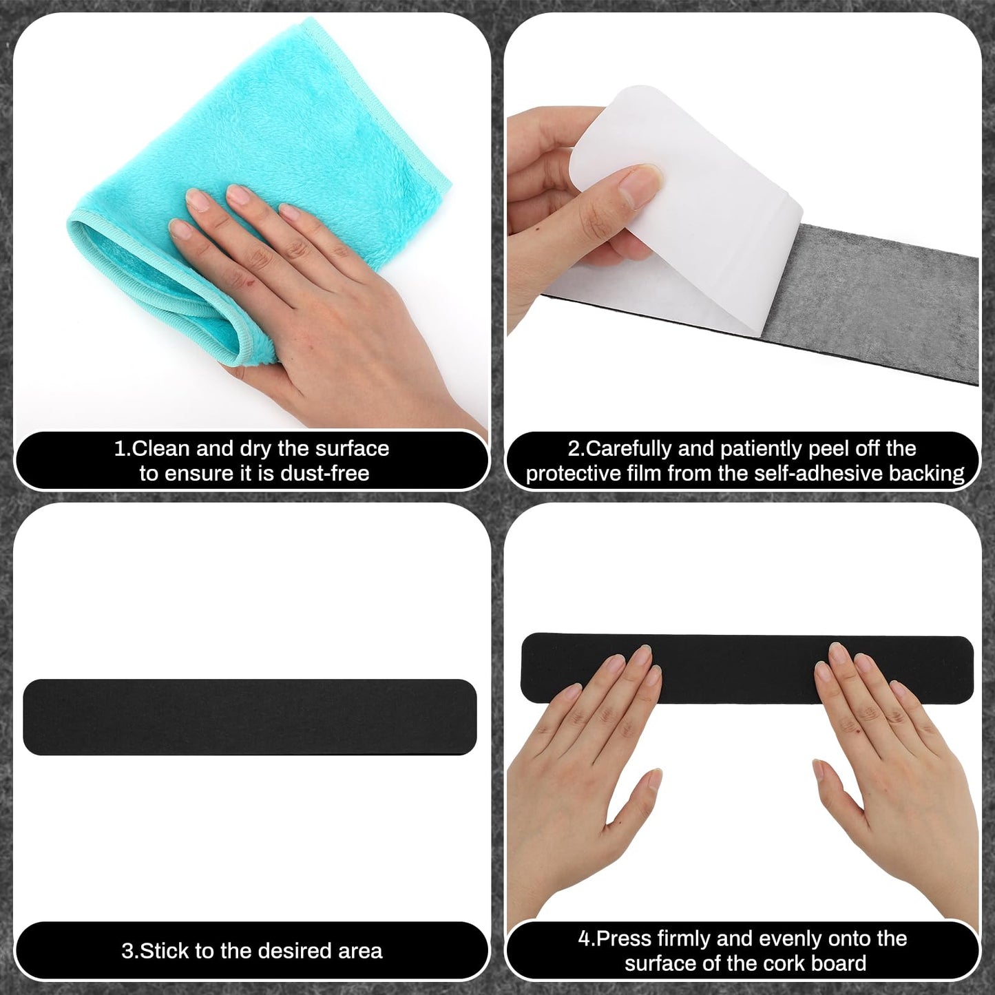 Thboxes 8 Pack Felt Bulletin Board Strips, 13x2 Inch Self Adhesive Felt Pin Boards with 50 Pushpins and 10 Wooden Clips Push Pins, Cork Board for Walls Home Office Decor(Black White Gray)