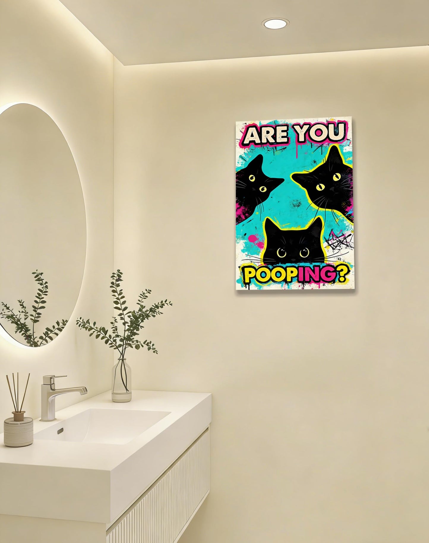 DUFIPOR Funny Black Cat Bathroom Wall Art, Are You Pooping? Graffiti Pop Art Canvas Prints, 16x24 Inch Humorous Bathroom Decor for Washroom Restroom, Trendy Cat Lover Gifts for Bathroom Wall Decor