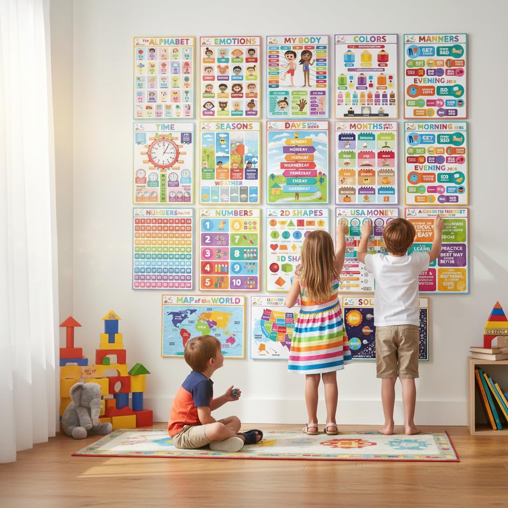 Sproutbrite 12 Pack 11" x 17" Academic Foundation - Educational Posters & Charts for Classroom - Covers Geography, the Solar System, time, Alphabet Recognition, 2D Shapes and More