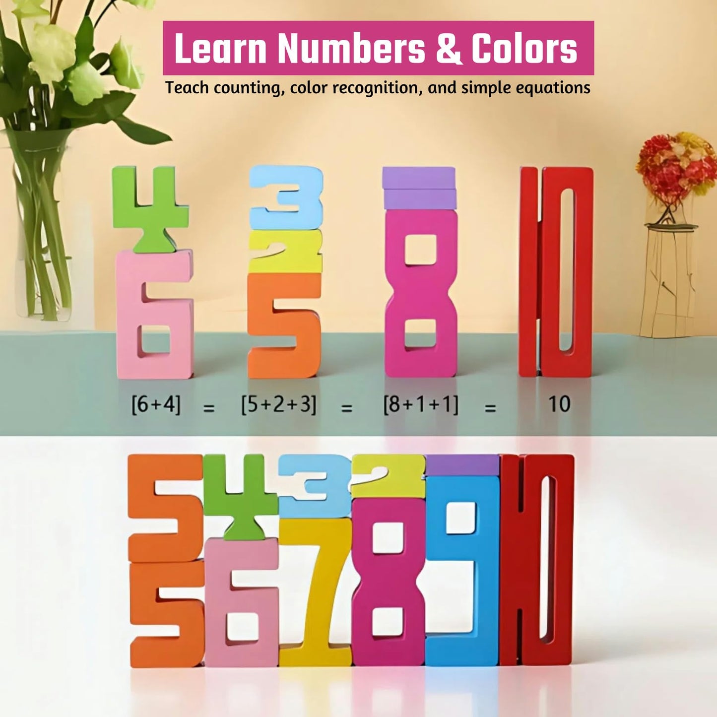 Gdaytao 20PCS Wooden Number Building Blocks 1-10 - Montessori Math Stacking Number Blocks Toys with Counting Games, Bright Digital Building Blocks Friends of 10, STEM Learning Toys for Kids Ages 3-8