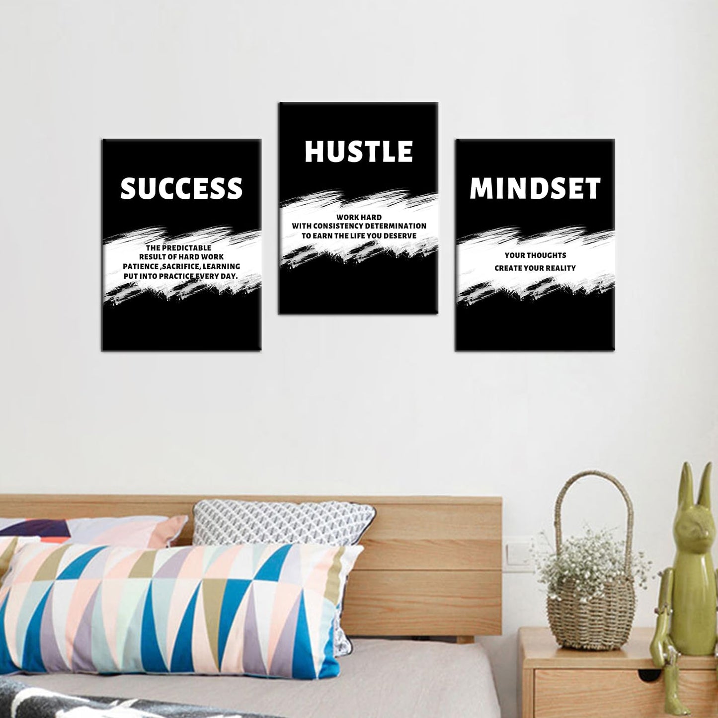 PSYYSP 3 Piece Canvas Wall Art Success Hustle Mindset Posters, Black White Motivational Triptych Wall Decor for Office, Bedroom, Dorm, Business Workspace, Framed Canvas 36x16inch