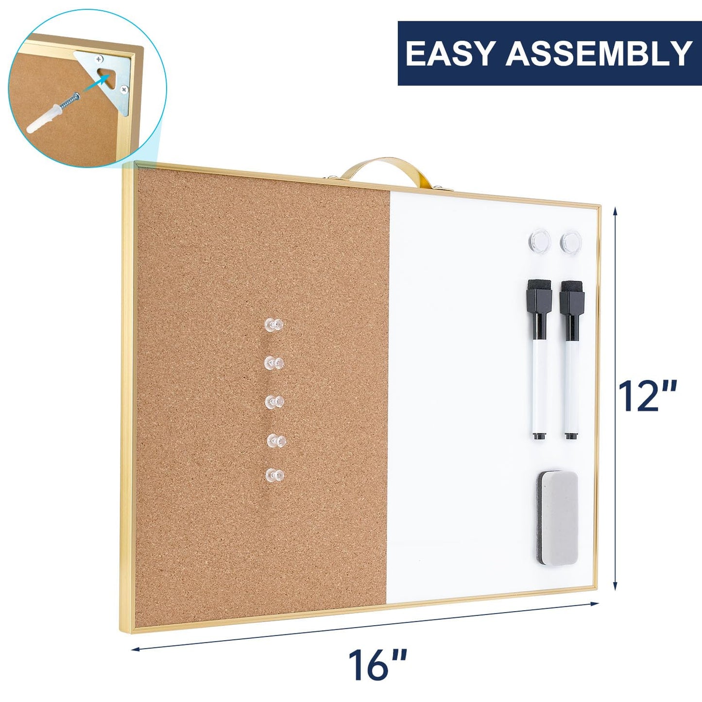 TSJ OFFICE Small Combination Board - 12" X 16" Portable Aluminum Gold Framed Magnetic Dry Erase Board for Wall, Small Bulletin Cork Board with Holder for Office, Home and School