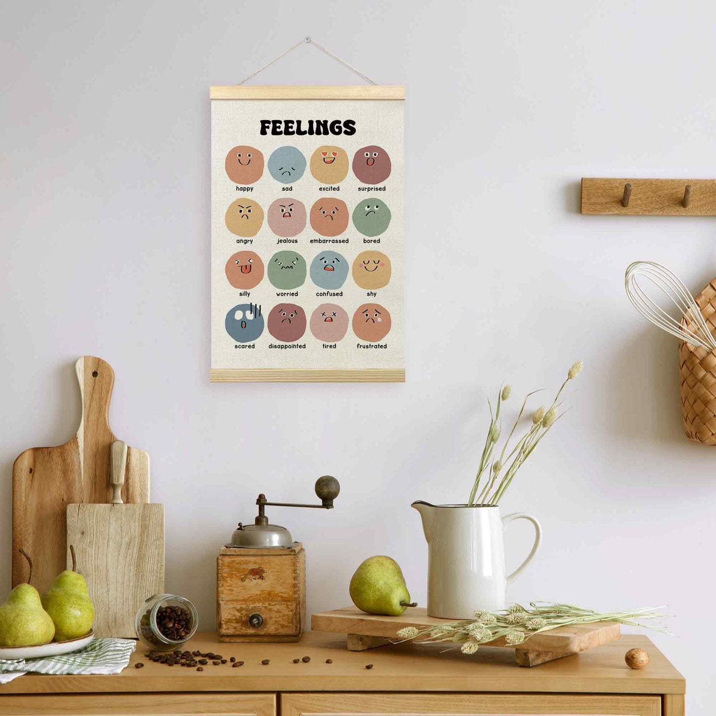 TLESKE Boho Classroom Feelings Emotions Chart Poster Hanger Frame for Toddlers Kids, Homeschool Hanging Wall Art Room Decor for Nursery Playroom, Preschool Prek Learning Educational Poster, 16x24