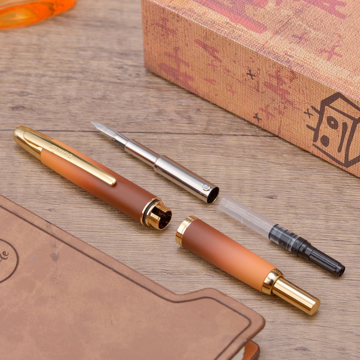 Jinhao 10 Press Fountain Pen with Box, Caramel Orange Gradient Retractable Extra Fine Nib with Ink Converter Set (Golden Clip)
