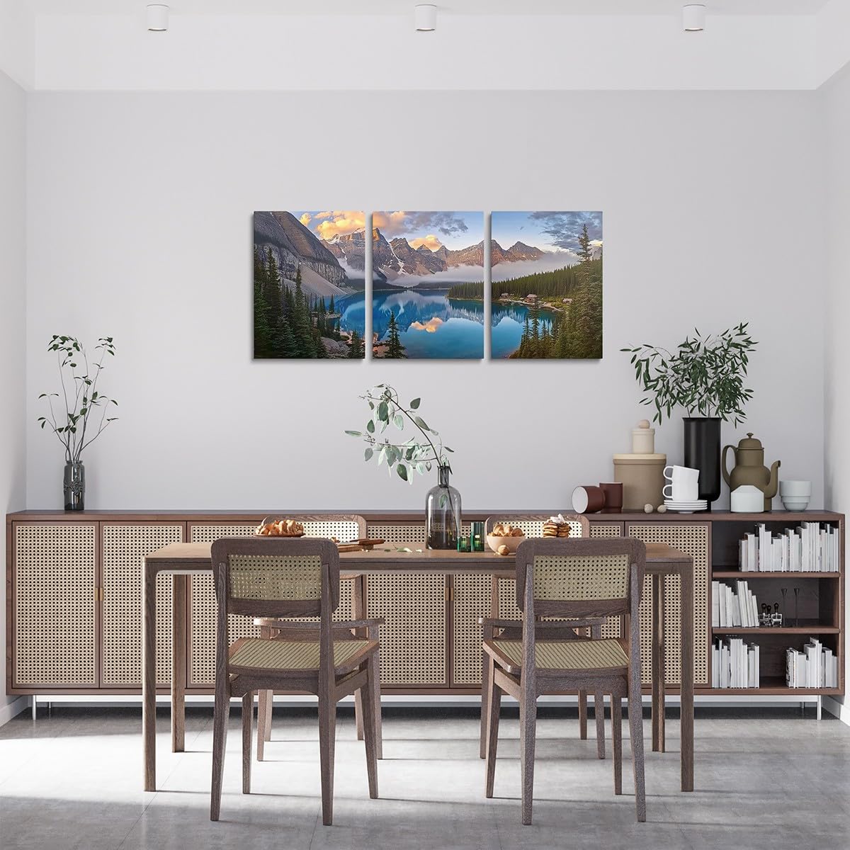 jejeloiu Lake Mountain Canvas Wall Art for Living Room Bedroom 12"x16"x3pcs Tree Sunrise Picture Wall Decor for Bathroom Nature Landscape Office Decorations Artwork Posters Foggy Scenic Painting