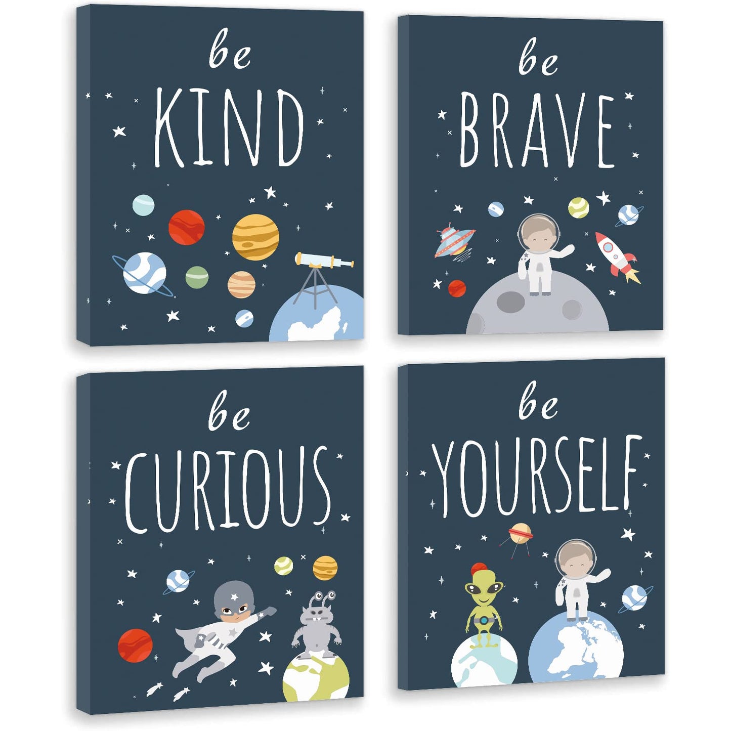 CHDITB Outer Space Canvas Wall Art, Abstract Universe Planet Print, Be Kind Inspirational Space Poster For Kids Room Boys Bedroom Nursery Playroom Decor-Set Of 4 (8” X 10”) Framed Ready To Hang