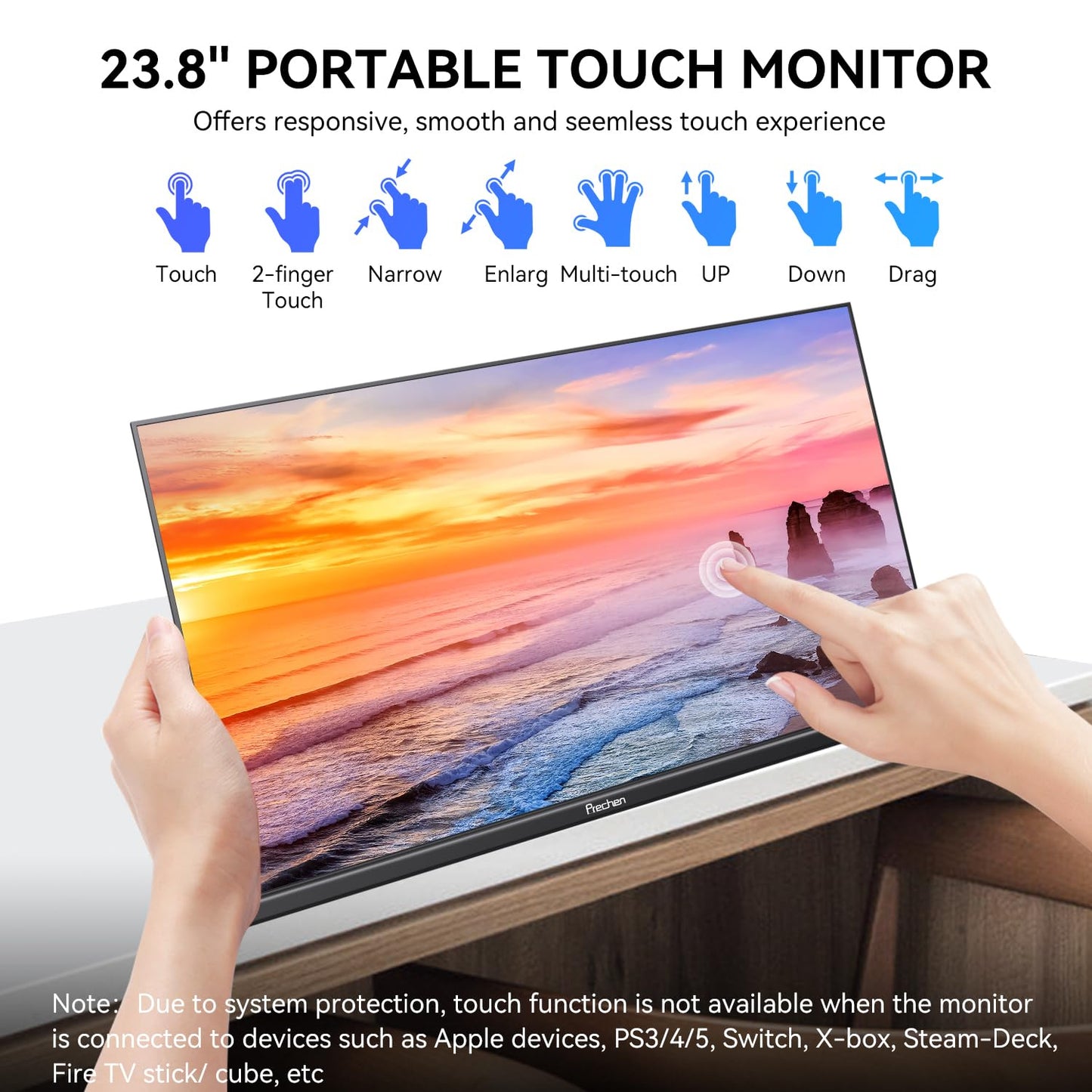 23.8" Portable Touchscreen Monitor 100% sRGB VA FHD 1080P, 4000:1 Contrast, VESA, Built-in Speaker, w/90°Adjustable Stand USB-C HDMI 75Hz External Second Touch Screen Display for Laptop/PC/Phone