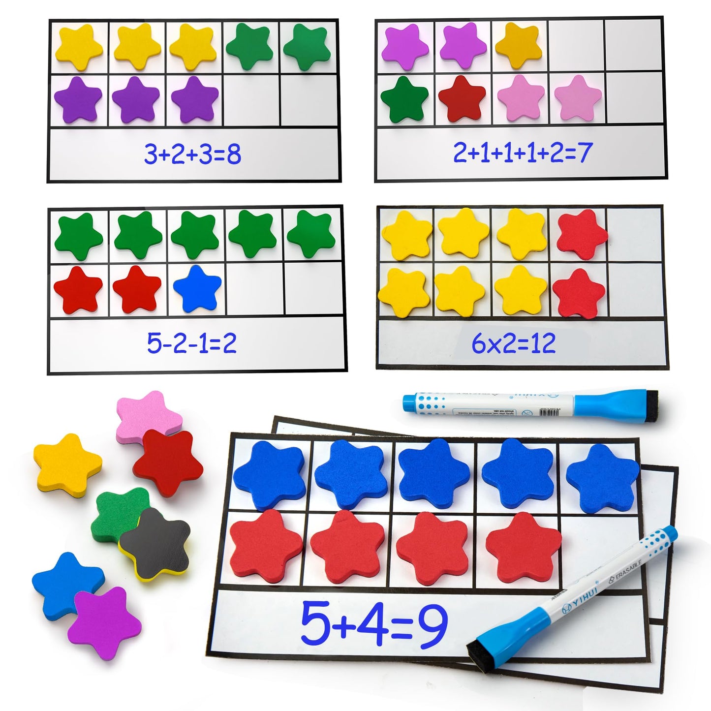 TOMMYHOME Magnetic Ten Frame Set of 74 PCS,Kindergarten Math Classroom Must Have counters,Educational Math Game Toys Suitable for Kids 5-7. (Star)