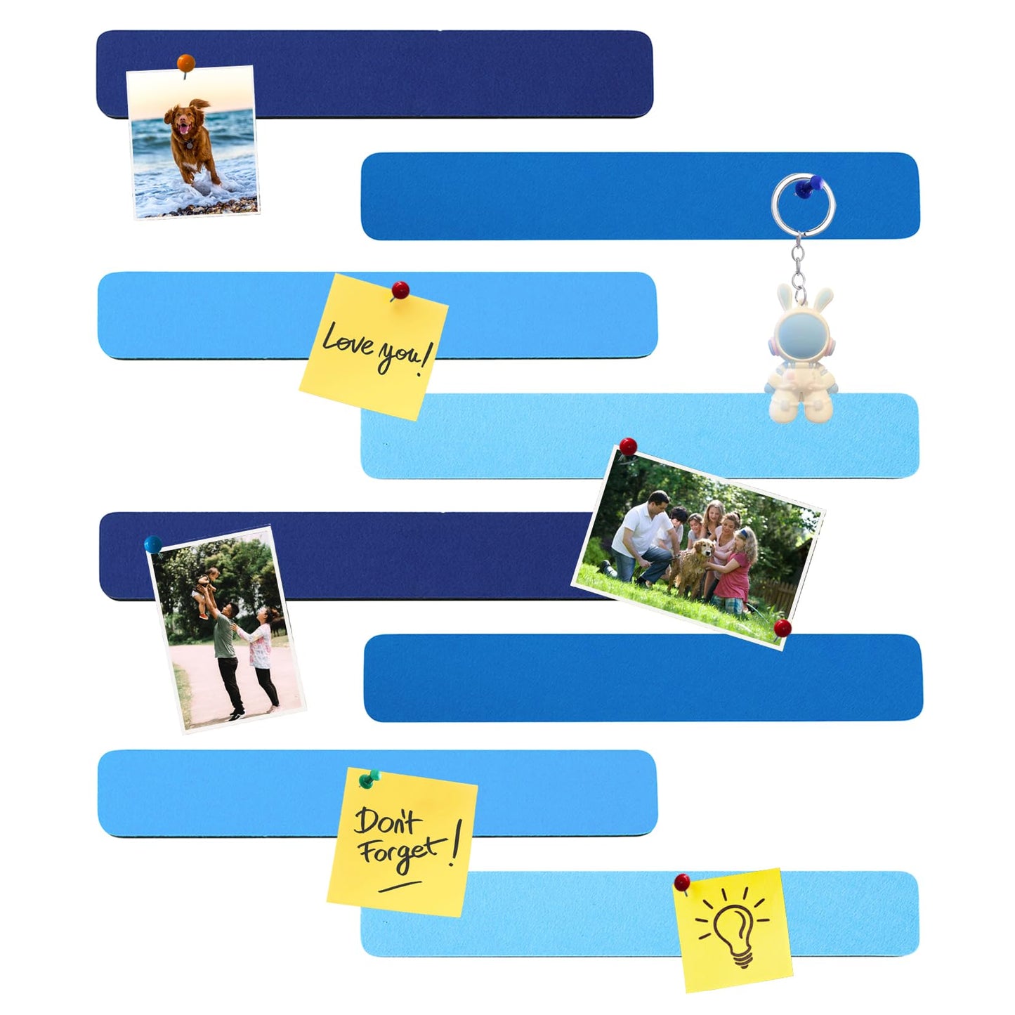 HULAVO 8Pcs Rectangle Felt Cork Board Bar Strips with 35 Pushpins, Self-Adhesive Bulletin Board Strips for Office School Home Wall Decor Stickers Memos Schedules Photos Display -Gradual Blue