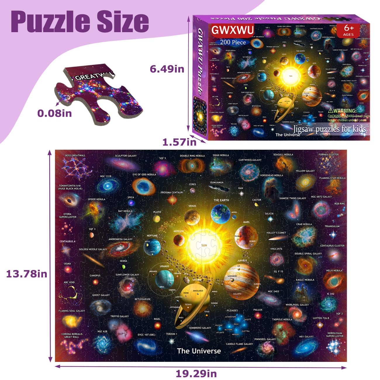 GWXWU Puzzles for Kids Ages 6-8 and 8-10, 200 Piece Solar System Planets Learning Educational Jigsaw Puzzles, Educational Learning Toy for Boys and Girls