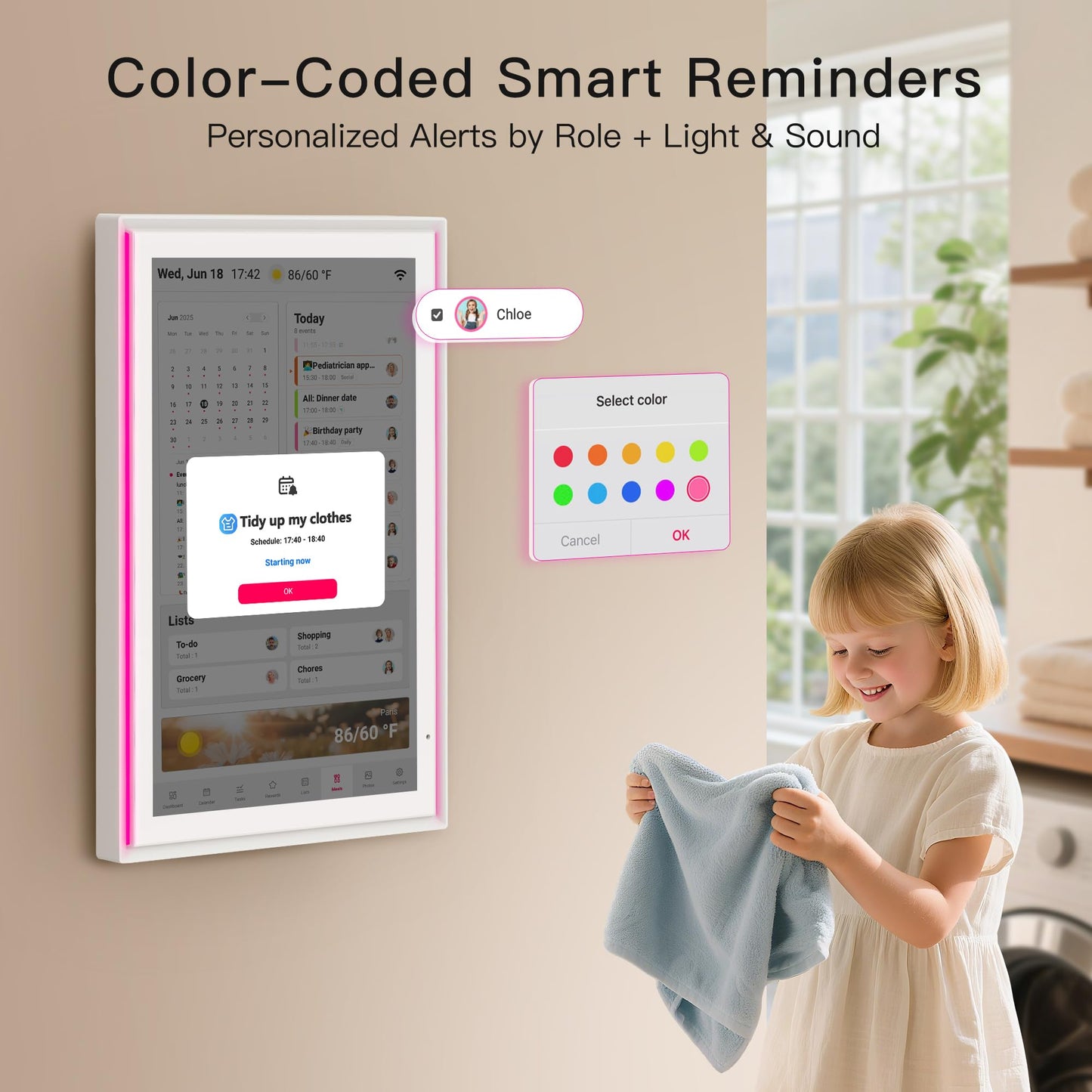 15.6 Inch Family Digital Calendar - Chore Chart, Meal Planner, Photo Display, FHD Interactive Touchscreen with LED Reminder, Wall & Desk Mount Smart Electronic Planner