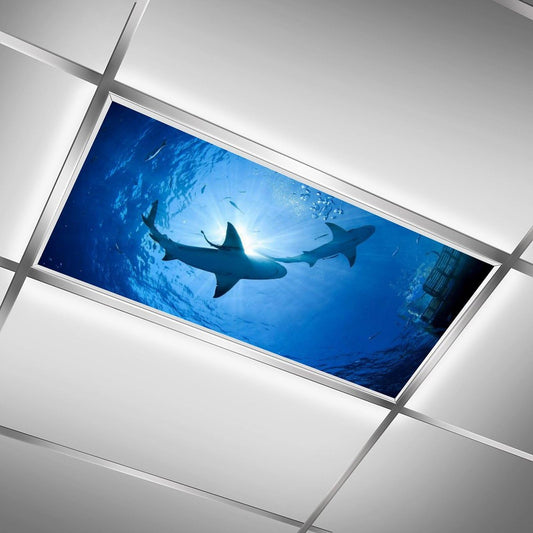 2PCS Fluorescent Light Covers for Classroom Ceiling Lights Magnetic Light Covers,Fluorescent Light Filters for School Home Office Drop Ceiling Lamp Decor Light Filters 4x2Feet(Deep-Sea Sharks)