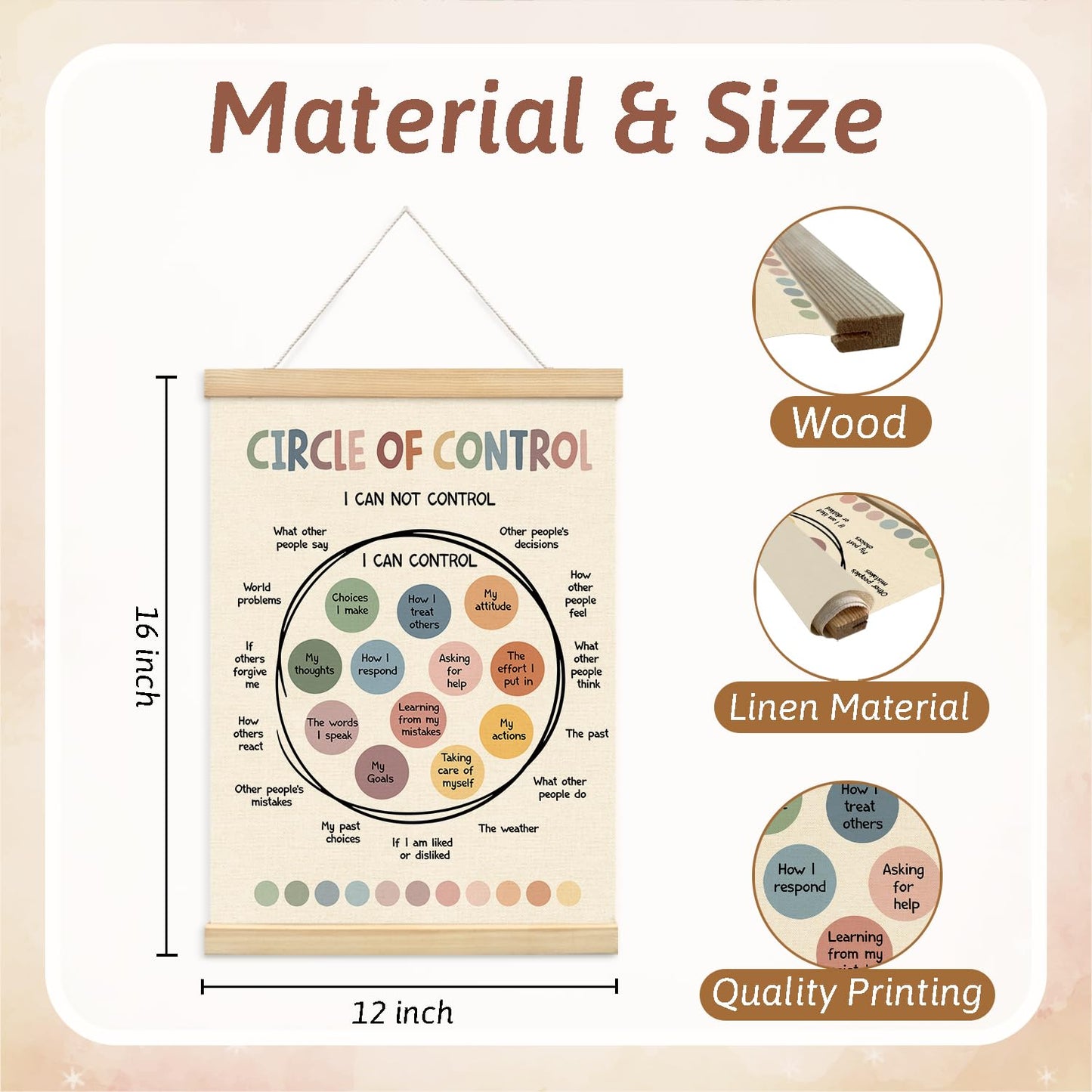 Lacama Mental Health Posters Hanger Frame, Homeschool Decor， Circle Of Control Poster Circle Of Control Poster，Inspirational Wall Art for Boho Classroom Homeschool Office Decor 12X16in