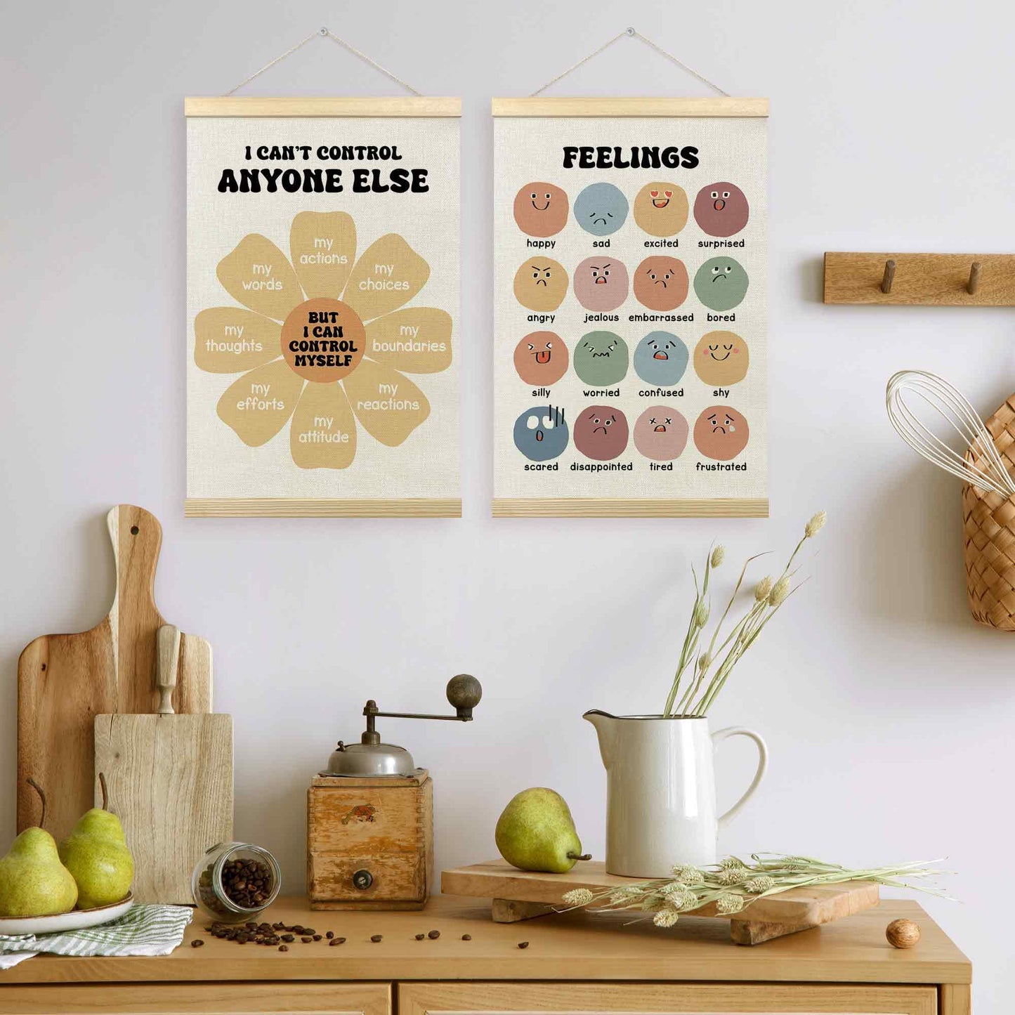 TLESKE Mental Health Feelings Emotions Chart Poster Hanger Frame for Toddler Kid Classroom Set of 2, Homeschool Wall Art Decor for Nursery Playroom, Preschool Prek Learning Educational Poster, 16x24