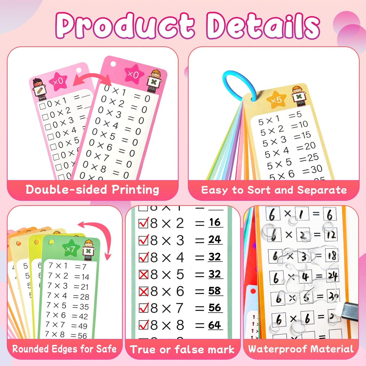 Kiadekoce Math Flash Cards 0-12, 60PCS Times Table Flash Cards Chart, with Dry Erase Markers Sorting Ring, 1st, 2nd, 3rd Grades Educational Math Multiplication Game for Kids Classroom Home