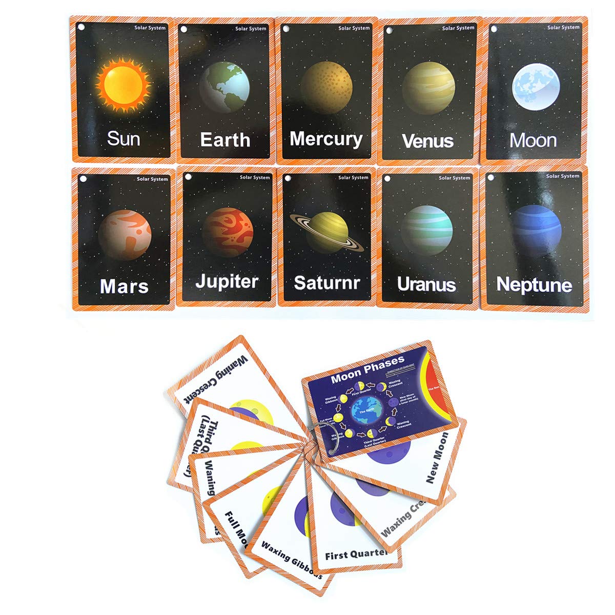Set of The Solar System and Moon Phase Flashcards for Toddlers | Kids Learning Flashcard & Montessori Pocket Cards | Perfect for Pre-K Decor Background Wall Stickers, Teacher/Autism Therapists Tools