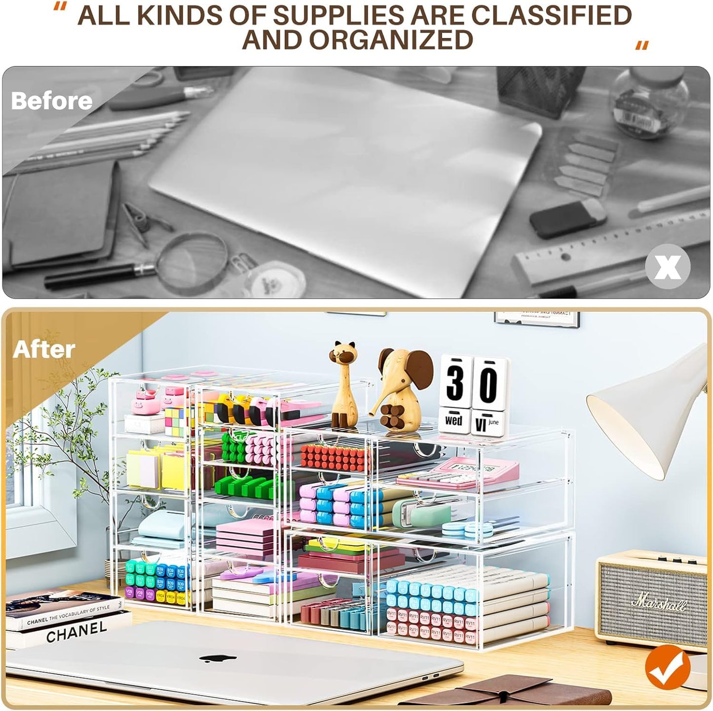 caktraie Makeup Organizer Storage With 16 Drawers, 4 Pcs Desktop Office Supplies, Desk Organizers, Clear Accessories, Dustproof Storage Drawer and for Make Up, Jewelry, Pen, Stationary