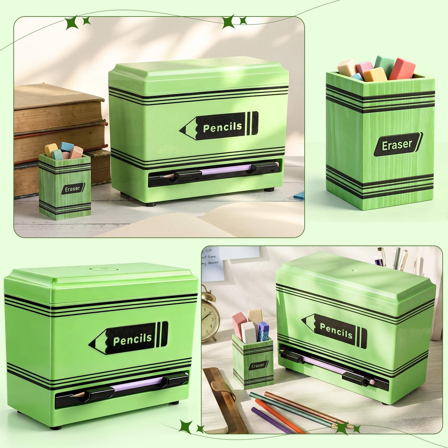 Gueevin 2pcs Pencil Dispenser for Classroom, Fun Desk Organizer with Eraser Holder, Interactive Pencil Storage for Teachers, Students & Homeschool Desk Organizer, Back to School Supplies(Green)