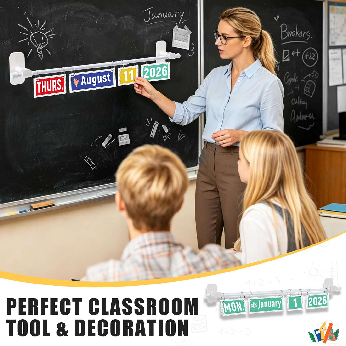 Upgraded 2-in-1 Flip Calendar for Classroom with Magnetic & Adhesive Fixing, Adjustable Magnetic Rod Flip Calendar for Whiteboard, Black and White Classroom Decor Bulletin Board Set (Patterned)