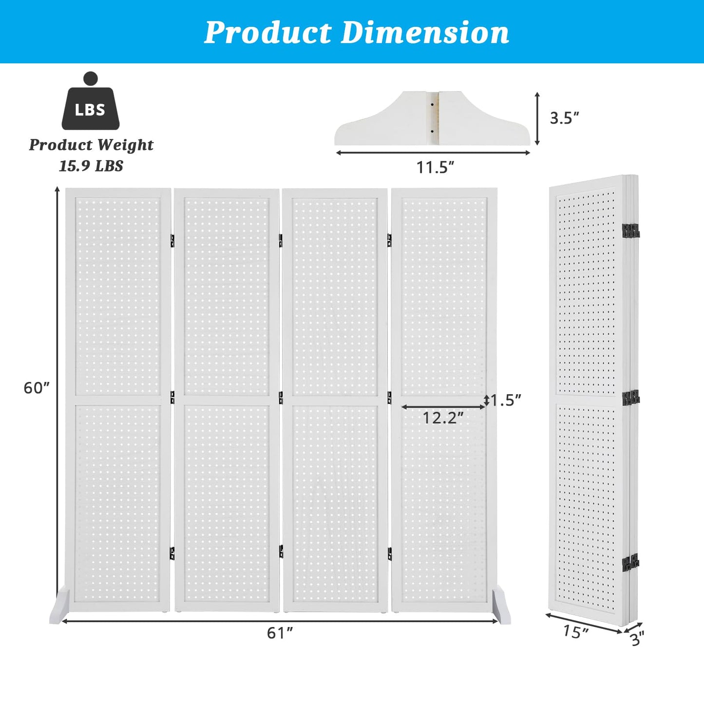 Bonnlo 4 Panel Pegboard Freestanding, 5 FT Portable Display Board Organizer for Craft Show Jewelry, Wooden Folding Privacy Screen Room Divider (with Base, White)