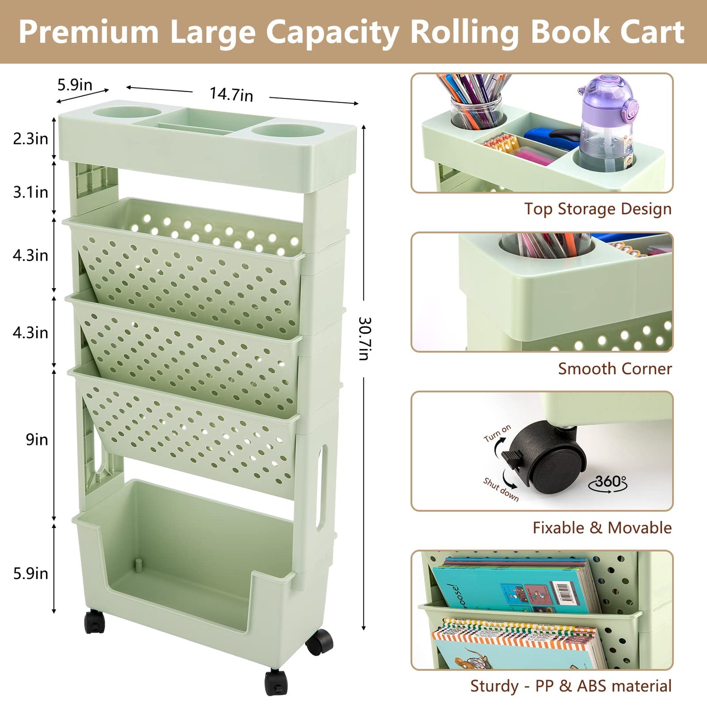 CINPIUK Rolling Office Paper Organizer, Mobile Book Cart Document Folder File Storage with Pen Holder, Slim Rolling Storage Cart Movable Bookshelf for Office, Dorm, Classroom, Nursery, Green