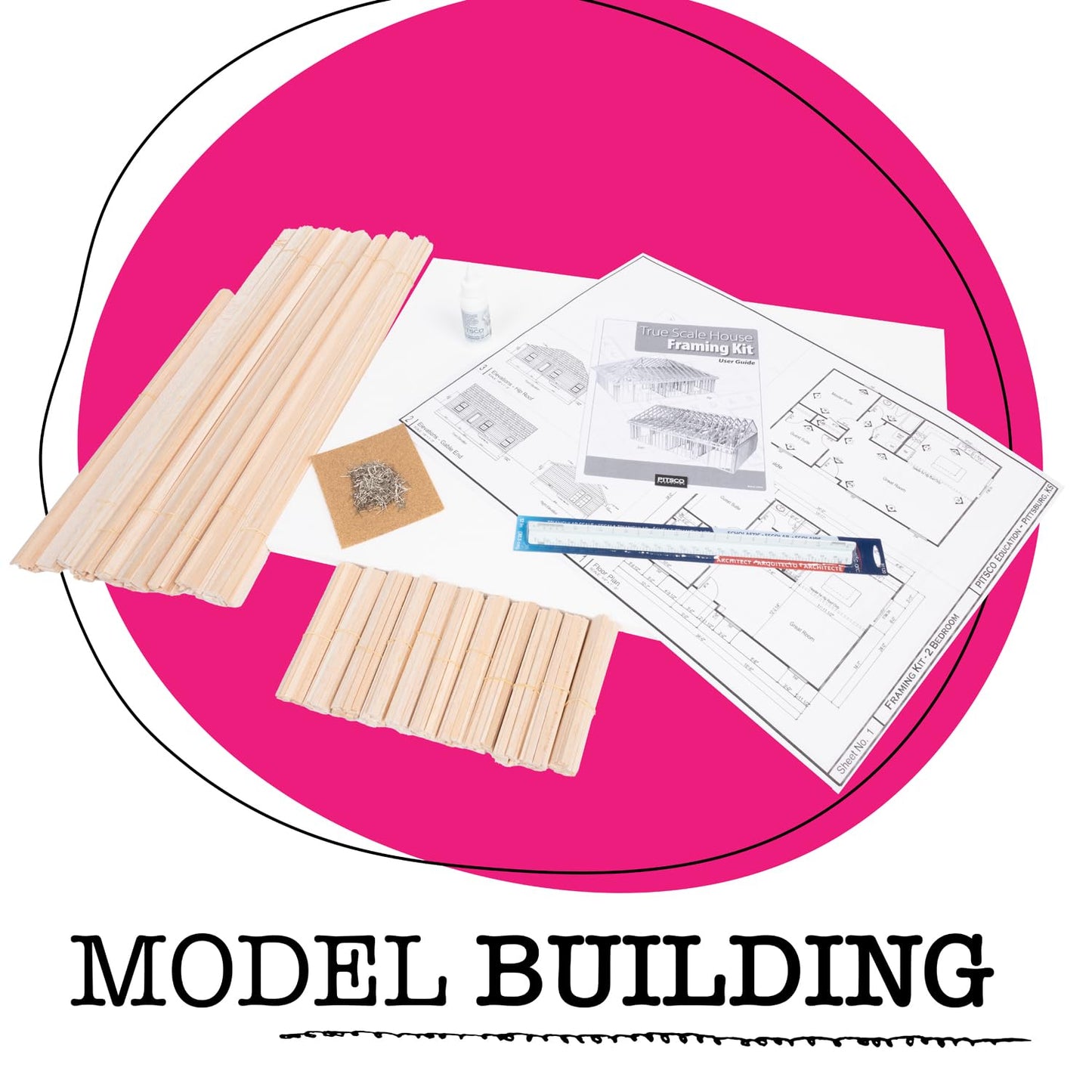 Pitsco Education True 1:16 Scale House Framing Kit | Balsa Wood Model Home | Educational Architectural Framing Kit for Blueprint Reading, Construction & STEM Learning | Ages 14+