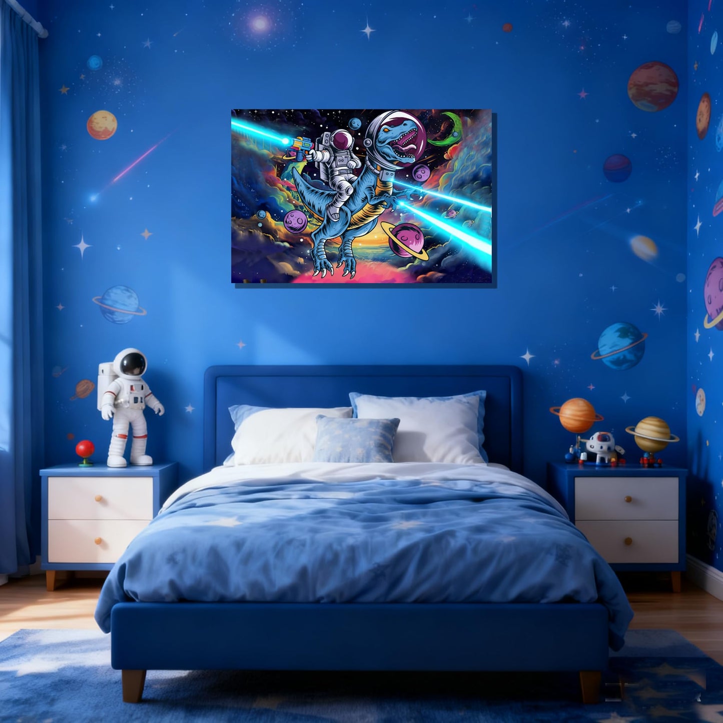 16x24 Space Astronaut Dinosour Star Wars Canvas Wall Art Watercolor Framed Prints Teen Boy T-Rax in Galaxy Cosmic Home Decor Painting Kids Bedroom Picture Child Room Funny Poster Kids Bathroom Photo