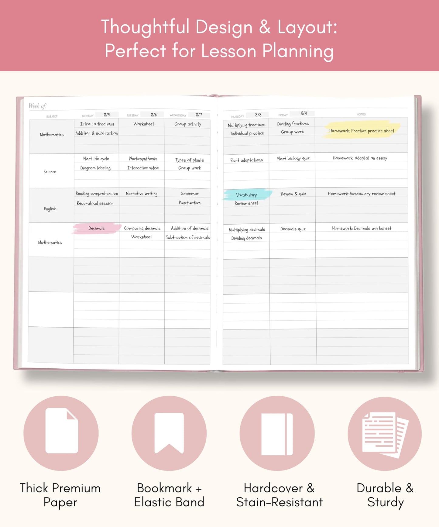Lamare Teacher Planner 2026-2027 – Hardcover Undated Planner & Lesson Planner Book for Teachers with Class Schedule, Student Info & Weekly Planning - 8x11"