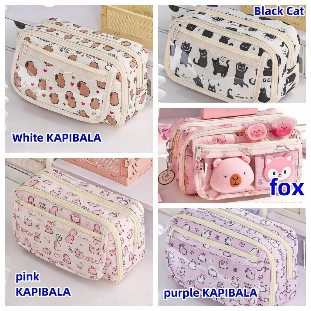 VTYFRY Cute Kawaii Pencil Case Pouch Cartoon Pen Box Holder Organizer for Office Workspace Supplies Desk Accessories Travel Essentials Aesthetic Trendy Cool Stuff Gift Large Capacity (White Kapibala)