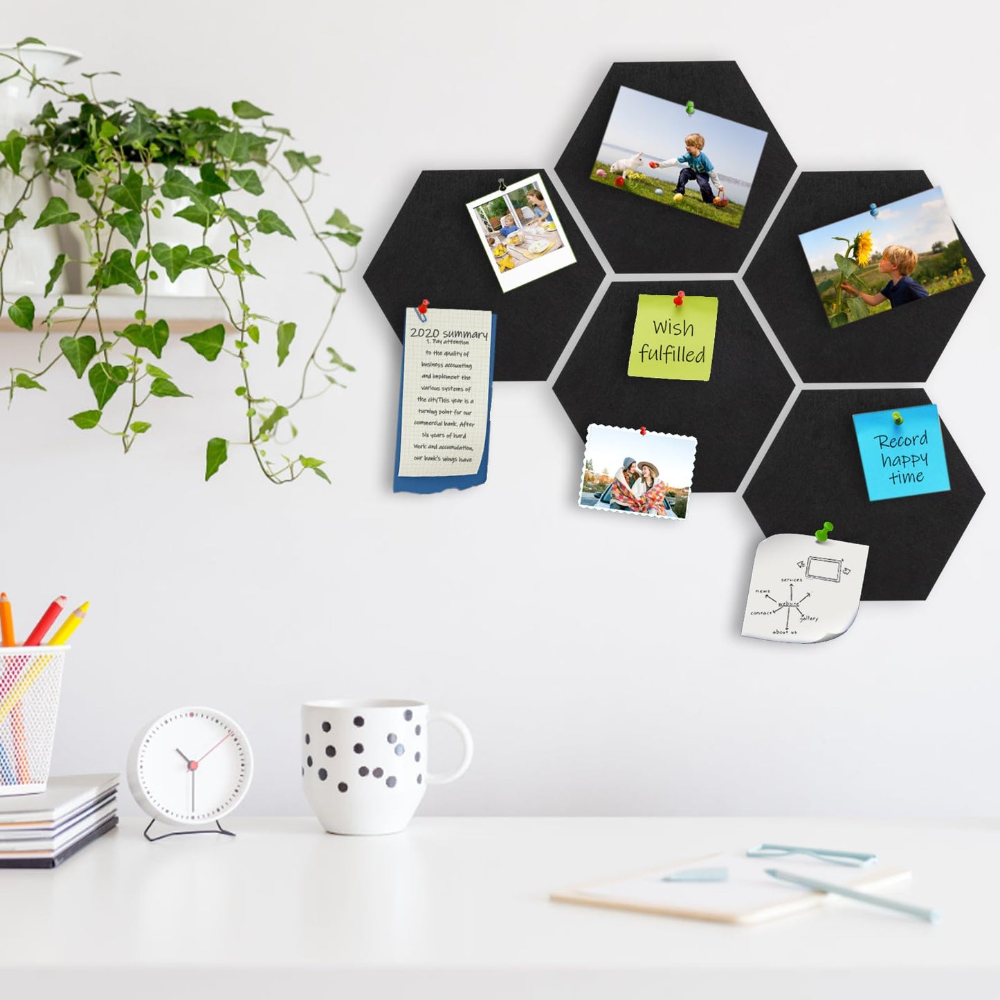 SEG Direct Hexagon Felt Cork Board Tiles, Hexagon Felt Bulletin Board Tiles Self Adhesive Picture Board, Memo Notice Tiles Pin Board for Walls Office, 11.8" x 10.2", 5PCS(Black)